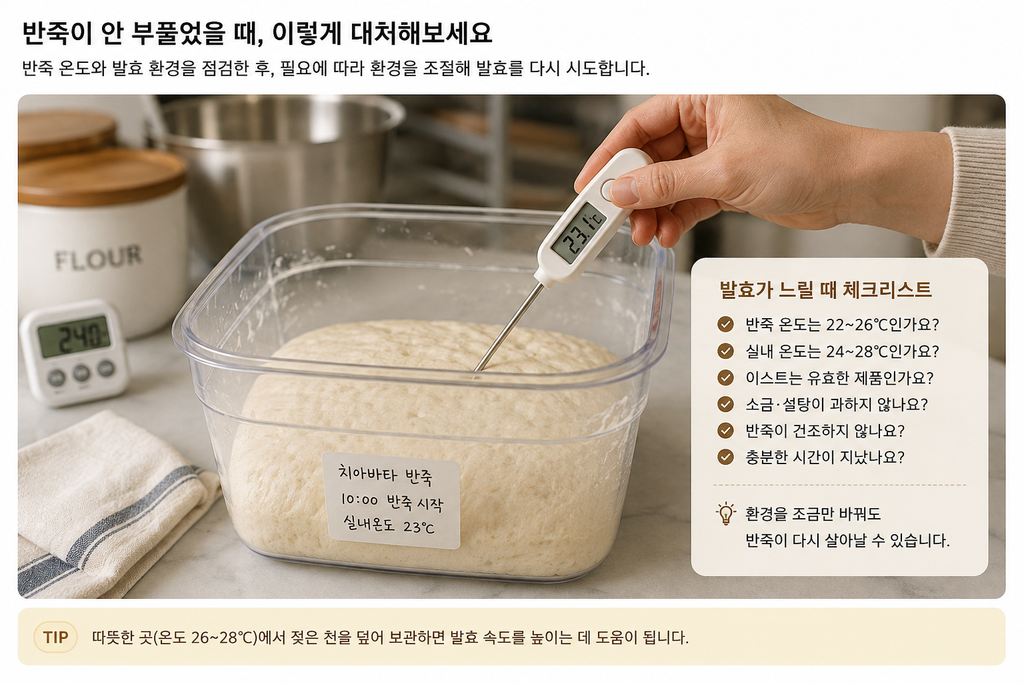 빵 반죽이 발효되지 않는 이유를 확인하기 위해 반죽 온도를 측정하는 모습