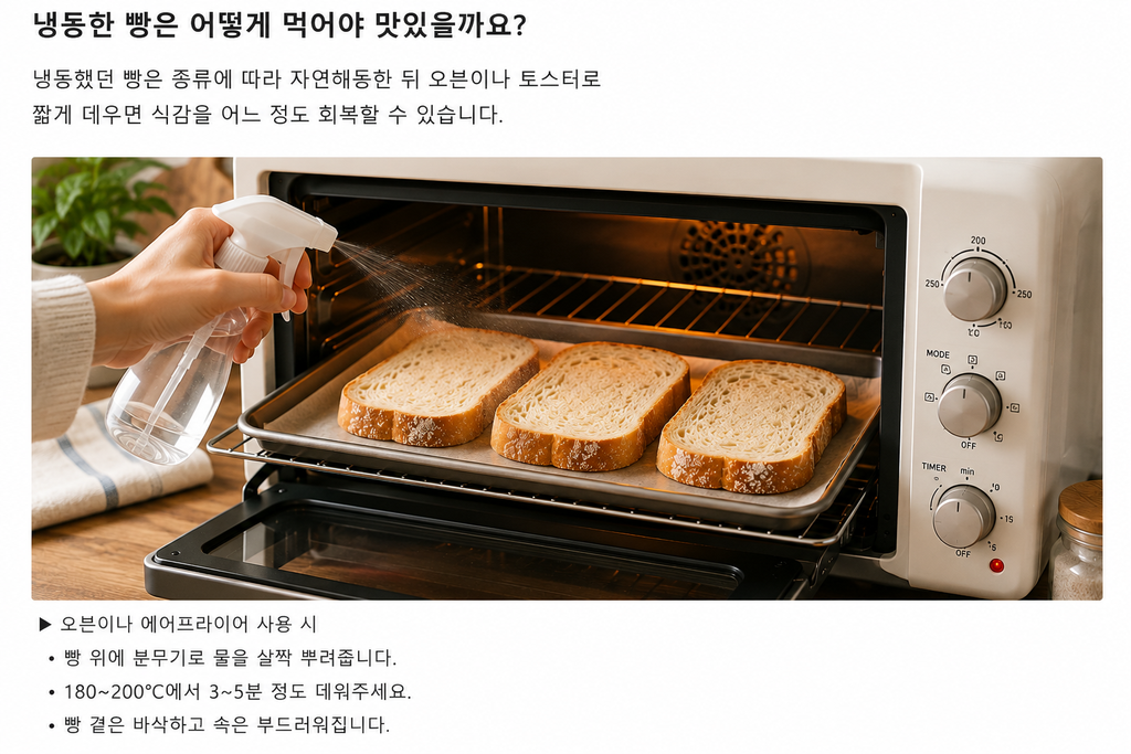 냉동 보관한 빵을 오븐에 다시 데워 식감을 살리는 모습
