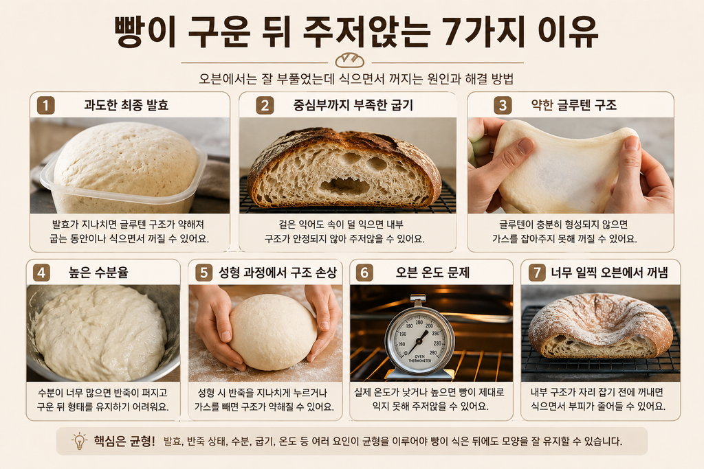 빵이 구운 뒤 주저앉는 이유 7가지와 과발효 굽기 글루텐 수분율 오븐 온도 문제
