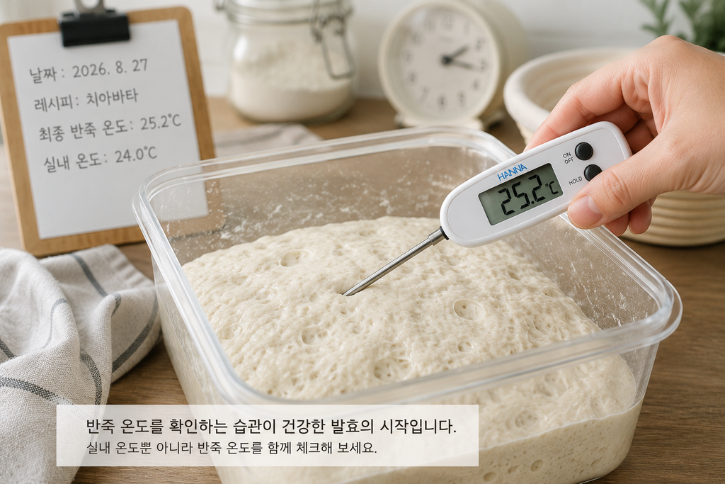 치아바타 발효 온도를 확인하기 위해 반죽 온도를 측정하는 모습