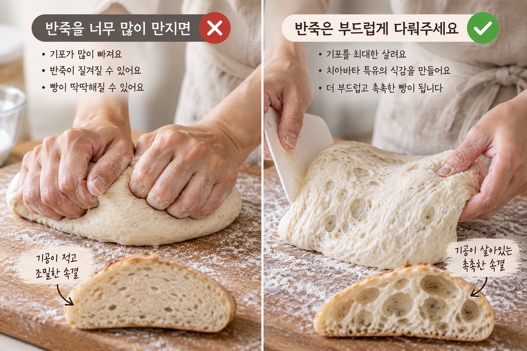 딱딱한 치아바타를 부드럽게 만들기 위해 반죽의 기포를 살려 조심스럽게 다루는 방법