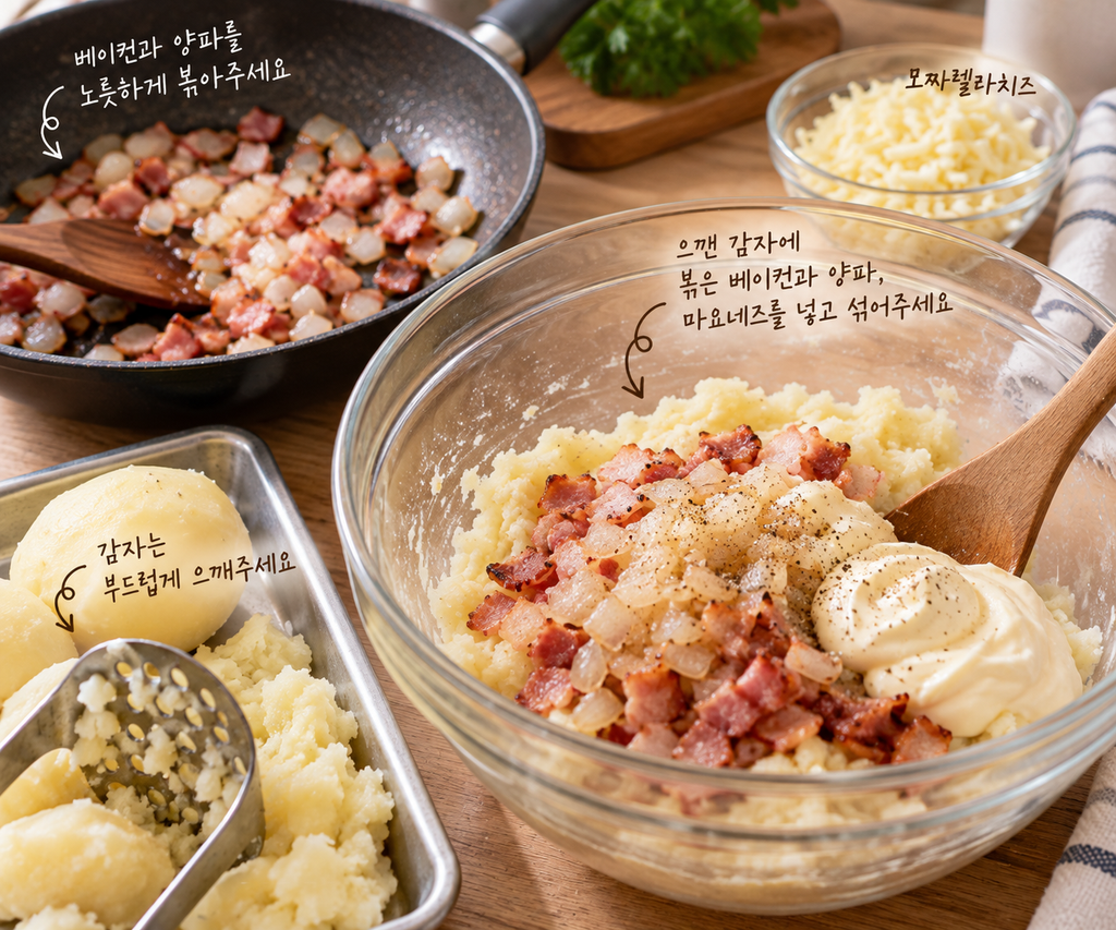 으깬 감자에 볶은 베이컨과 양파 마요네즈를 넣어 감자 베이컨 치즈빵 필링을 만드는 과정
