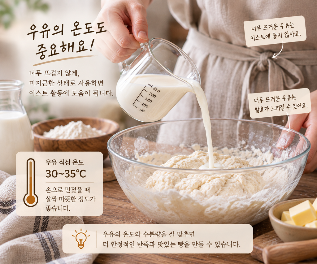 빵 반죽에 우유를 넣기 전 우유 온도를 확인하고 반죽에 넣는 모습