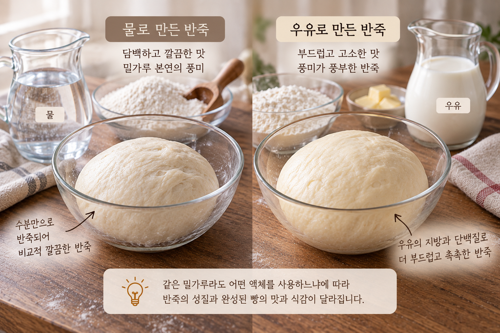 물로 만든 빵 반죽과 우유로 만든 빵 반죽의 질감과 차이를 비교한 모습