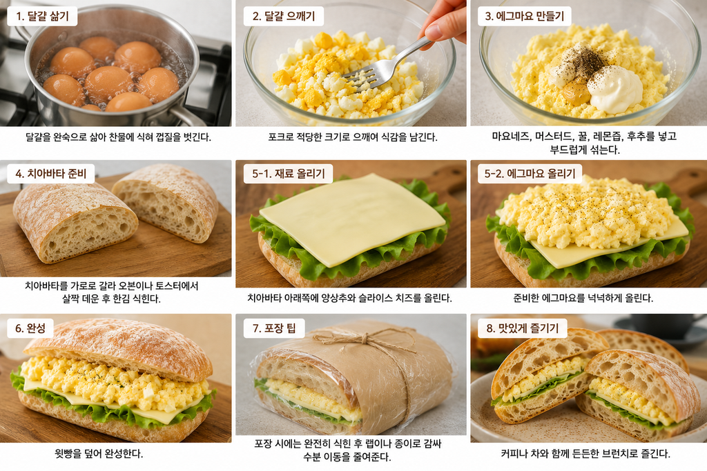 에그마요 치아바타 샌드위치 달걀 삶기부터 재료 조립과 완성까지 만드는 과정
