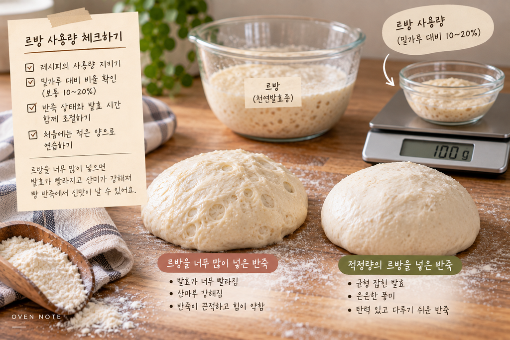빵 반죽에서 신맛이 나는 이유 중 르방 사용량이 많은 반죽과 적정량을 사용한 반죽 비교