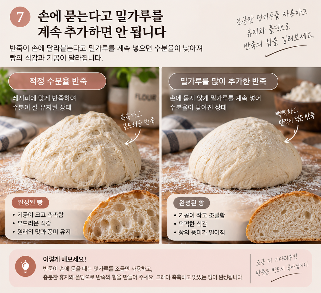 빵 반죽에 밀가루를 많이 추가했을 때와 적정 수분율 반죽의 기공과 식감 비교