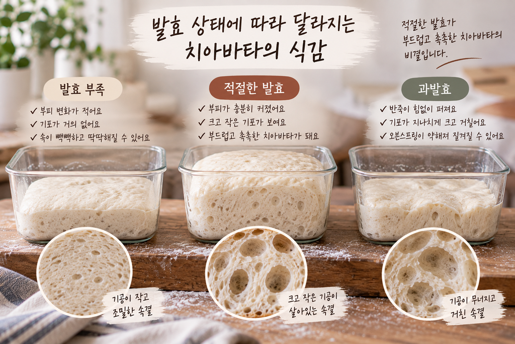 딱딱한 치아바타를 부드럽고 촉촉하게 만들기 위한 발효 부족 적정 발효 과발효 상태 비교