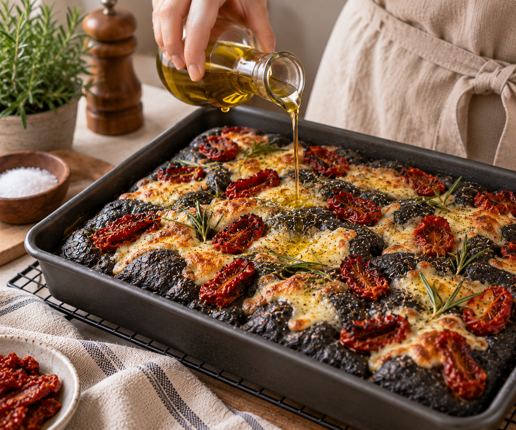 반건조토마토와 치즈를 올려 노릇하게 구운 먹물 포카치아