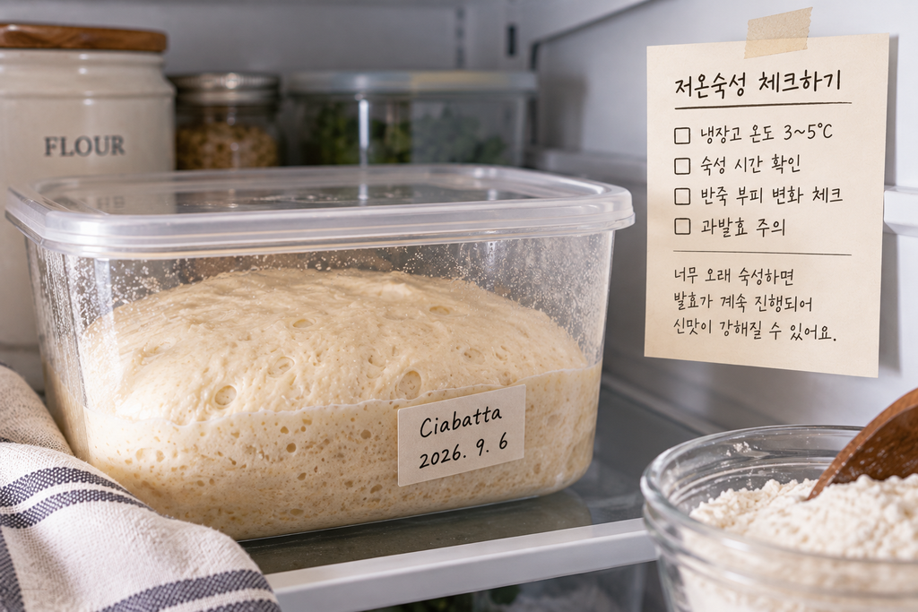 빵 반죽에서 신맛이 나는 이유 중 냉장 저온숙성 시간과 과발효를 확인하는 반죽 모습