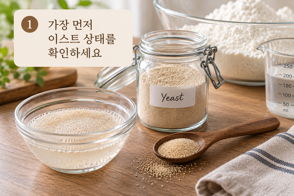 빵 1차 발효가 안 될 때 드라이이스트의 상태와 발효력을 확인하는 모습