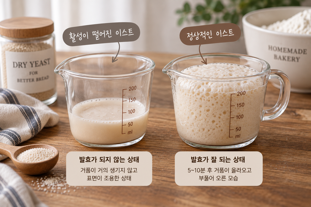 빵 반죽 발효에 사용하는 이스트의 활성 상태 비교