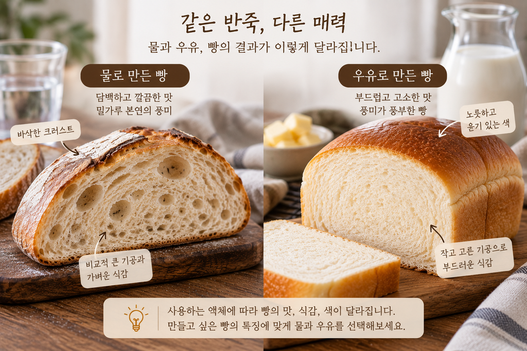 물로 만든 빵과 우유로 만든 빵의 구운 색과 속결, 식감 차이를 비교한 모습
