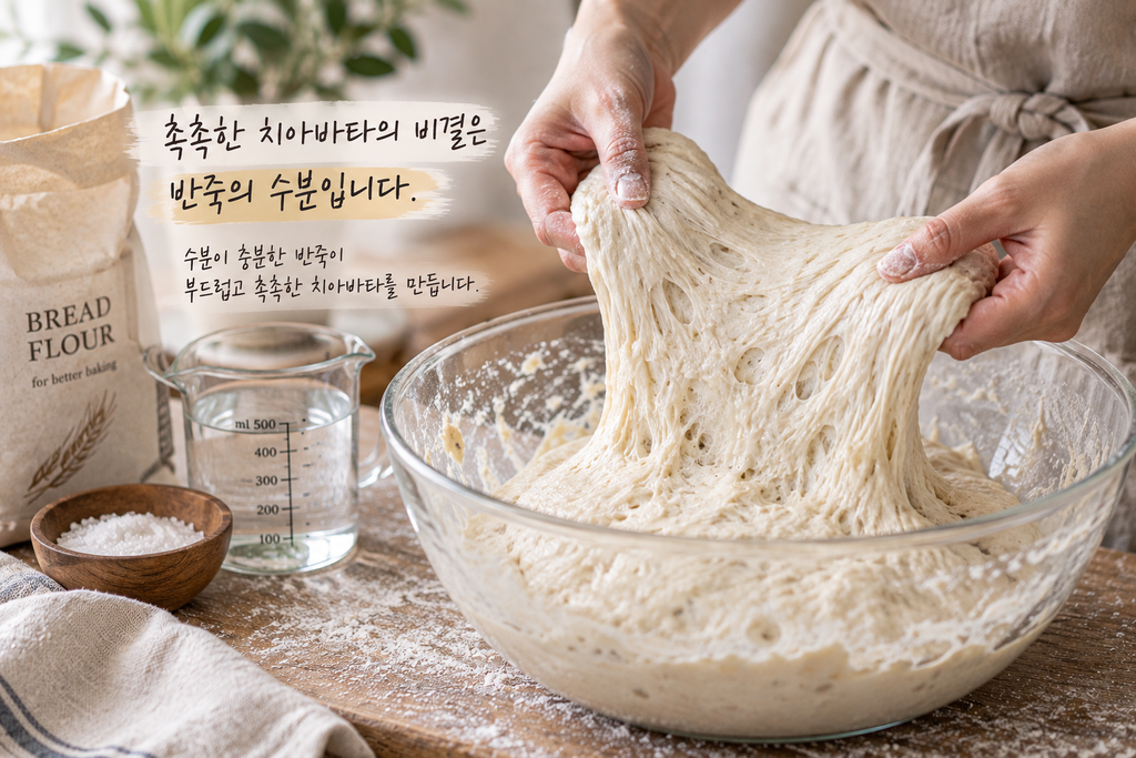 딱딱한 치아바타를 부드럽고 촉촉하게 만들기 위한 충분한 수분의 고수분 반죽