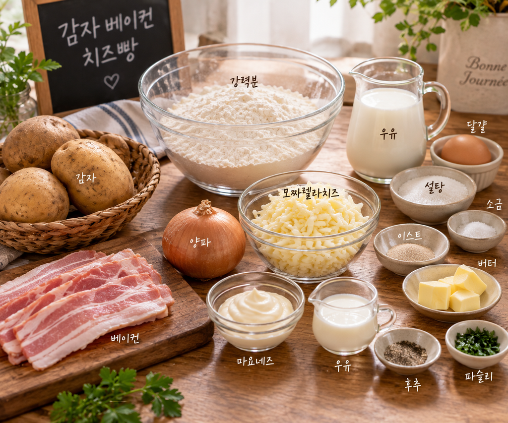 감자 베이컨 치즈빵 만들기에 사용하는 강력분 감자 베이컨 양파 모짜렐라치즈와 재료
