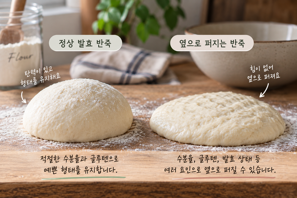 빵 반죽이 옆으로 퍼지는 이유를 보여주는 정상 반죽과 힘없이 퍼진 반죽 비교