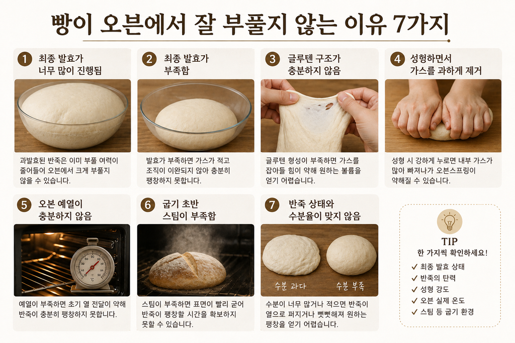 빵이 오븐에서 잘 부풀지 않는 이유 7가지와 최종 발효 글루텐 성형 오븐 온도 스팀 수분율
