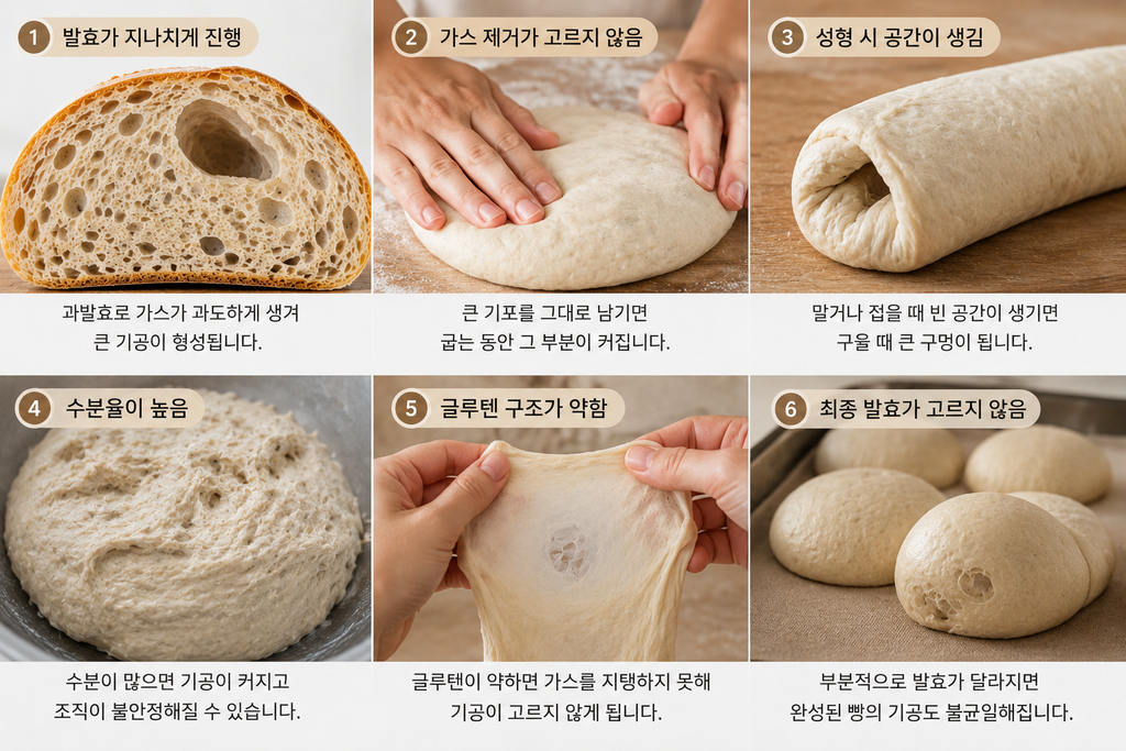빵 속에 큰 구멍이 생기는 이유와 발효 가스 제거 성형 수분율 글루텐 상태
