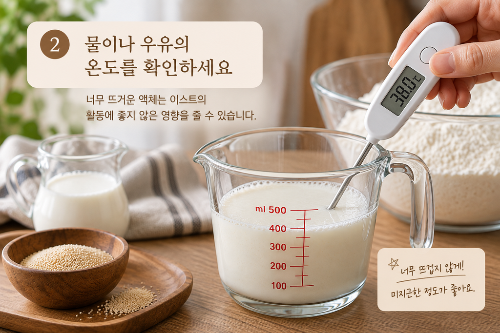 ALT 대체텍스트:
빵 1차 발효를 위해 온도계로 물과 우유의 온도를 확인하는 모습