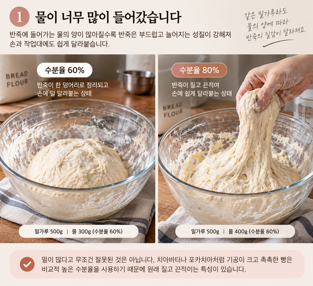 빵 반죽의 수분율 60%와 80%에 따른 질고 끈적이는 반죽 상태 비교
