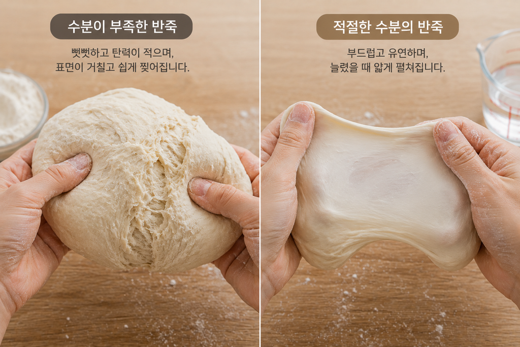 빵 껍질이 딱딱해지는 원인인 수분 부족 반죽과 적절한 수분의 반죽 비교
