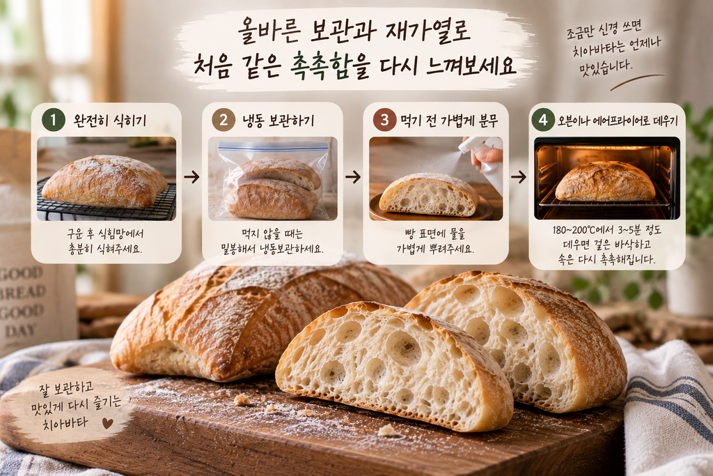 딱딱한 치아바타를 부드럽고 촉촉하게 먹기 위한 냉동 보관과 오븐 재가열 방법