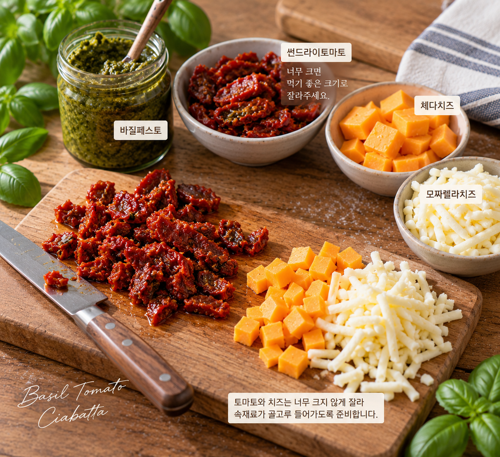 바질토마토 치아바타에 넣을 바질페스토 썬드라이토마토 체다치즈와 모짜렐라치즈
