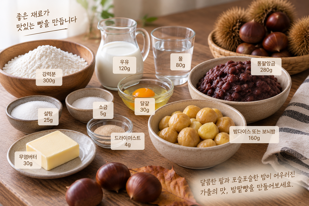 밤팥빵 만들기에 사용하는 통팥앙금과 밤, 강력분, 우유, 버터 등 재료 준비